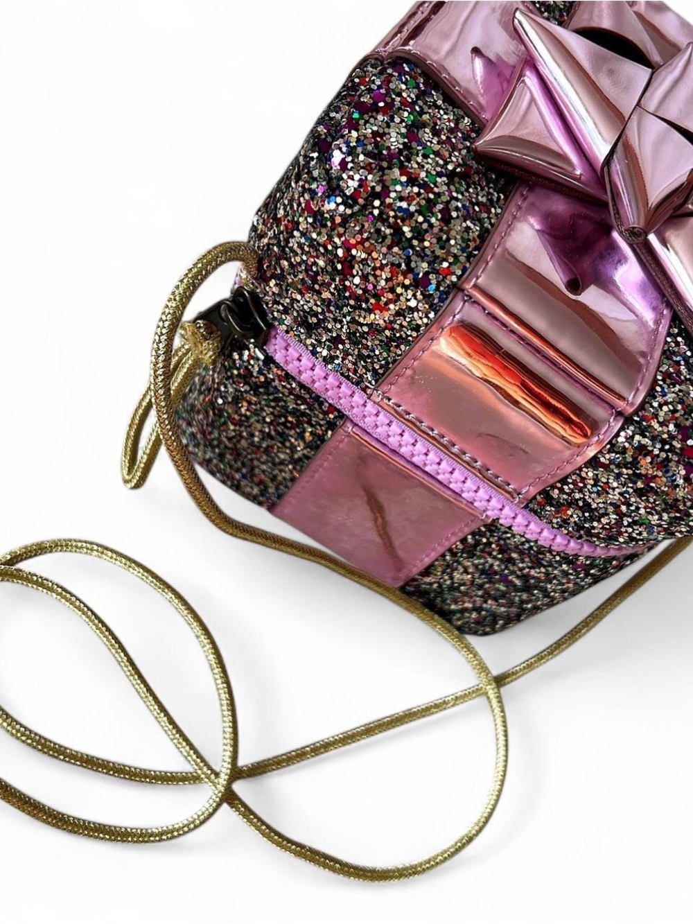 Pink Multi-Glitter Crossbody Bag with Gold Strap
